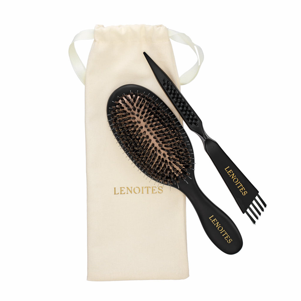 Hair Brush Wild Boar with pouch and cleaner tool, White – LENOITES
