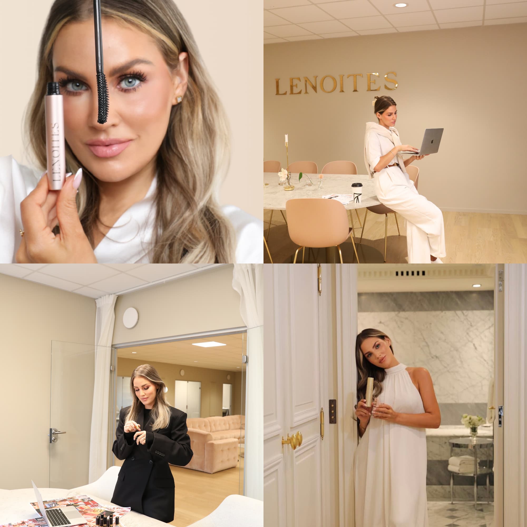 Collage of Lenoites lifestyle photos showing women with Lenoites beauty products, including mascara and hair activating serum in office and luxury home settings.