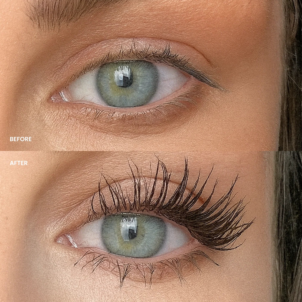 Love at First Lash by Lenoites featuring a pink eyelash curler with gold details and a rosegold PowerLash Growth Serum Mascara tube with a black shade of the mascara, displayed against a soft beige background.