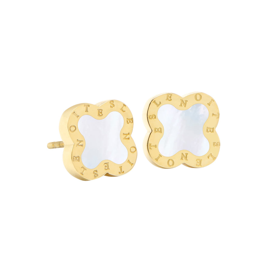 Four-Leaf Clover Earrings Mini, Gold & White Mother of Pearl