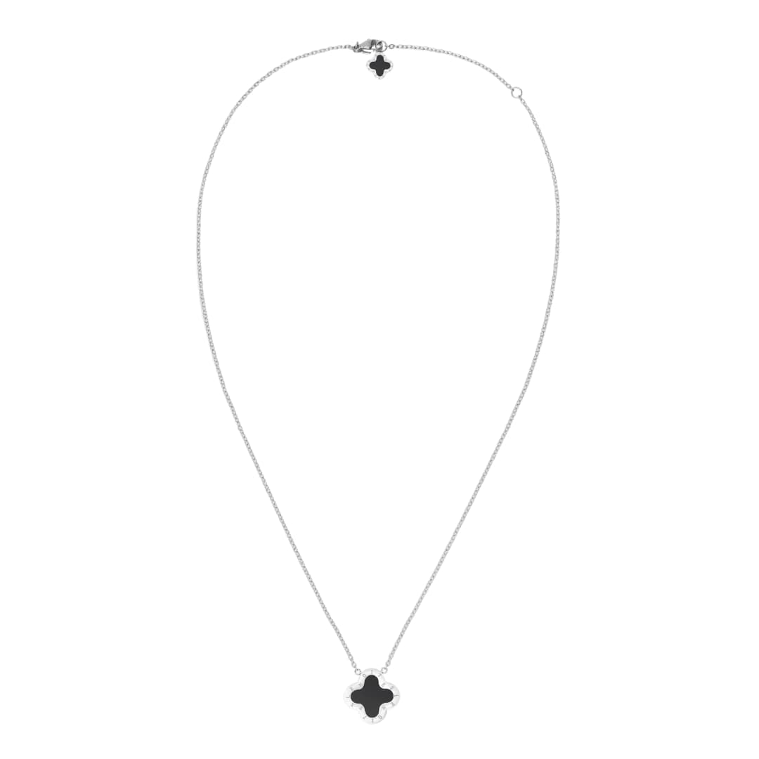 Four-Leaf Clover Necklace, Silver & Black